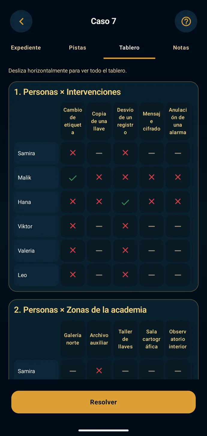 ClueVerse deduction board in Spanish