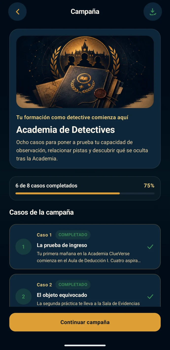 ClueVerse campaign detail screen in Spanish