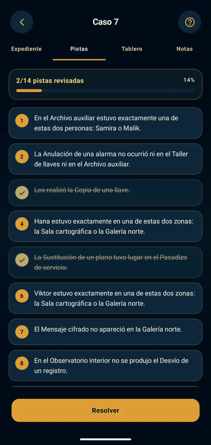 ClueVerse clues screen in Spanish