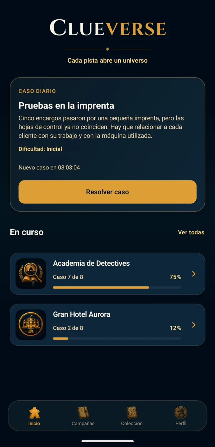 ClueVerse home screen in Spanish